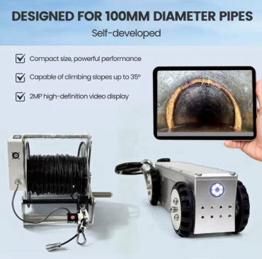 Mini robot inspecție conducte 100 mm – IP68, WiFi, cablu 150 m, industrial